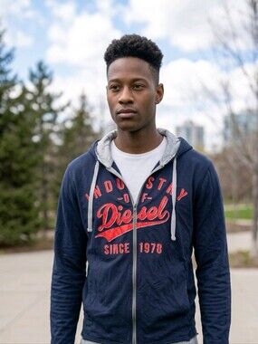 Diesel men’s Navy Zip-Up Hoodie with Red Logo